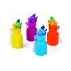 Four mini bubble bottles in yellow, purple, blue and orange, each with a tropical fish topper and an attached bubble wand