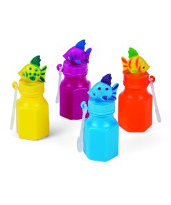 Four mini bubble bottles in yellow, purple, blue and orange, each with a tropical fish topper and an attached bubble wand
