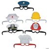 Career-themed paper eyeglasses topped with hats: police officer, nurse, construction worker, ship captain, firefighter, and chef