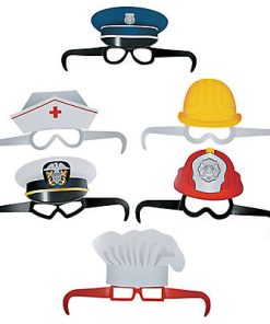 Career-themed paper eyeglasses topped with hats: police officer, nurse, construction worker, ship captain, firefighter, and chef