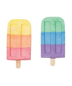 2 pieces of popsicle-shaped sidewalk chalk in rainbow color layers (Left: yellow, orange, and red. Right: green, blue, and purple).