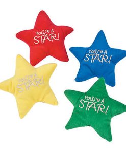 Plush star toys reading "You're a Star!" in red, blue, yellow, and green