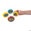 Superhero-style stress balls shaped like comic burst icons reading "Bam", "Zap", "Pow", and "Boom", with a hand squeezing one