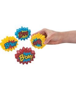 Superhero-style stress balls shaped like comic burst icons reading "Bam", "Zap", "Pow", and "Boom", with a hand squeezing one