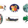 Set of six vinyl stickers with reading-themed illustrations: children carrying books, astronauts in space, a polar bear and cat reading, a person among vines, a snorkeler, and a sea turtle reading
