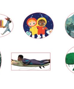 Set of six vinyl stickers with reading-themed illustrations: children carrying books, astronauts in space, a polar bear and cat reading, a person among vines, a snorkeler, and a sea turtle reading
