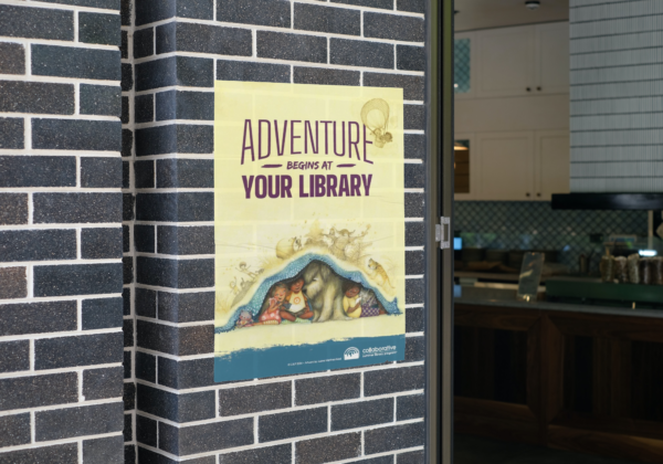 Children's Adventure Begins at Your Library Larger Poster on a brick wall mock up.