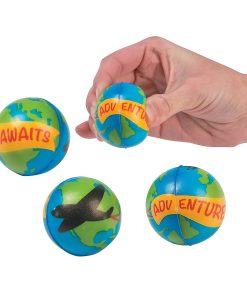 Globe-patterned stress balls printed with "Adventure Awaits" and an airplane, one held in a hand