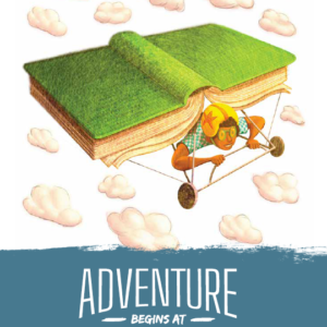 Manual cover art featuring a person flying a book shaped hang-glider with the slogan Adventure Begins at Your Library.