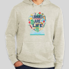 Person wearing a heather oatmeal pullover hoodie featuring a colorful "Libraries Are Life!" graphic on the chest, showing an open book with whimsical icons including plants, scissors, a rainbow, a hot air balloon, and a sun bursting from its pages.