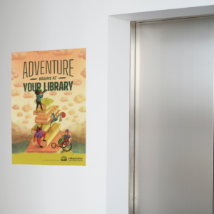 Wall mock up of a large poster next to elevator doors.