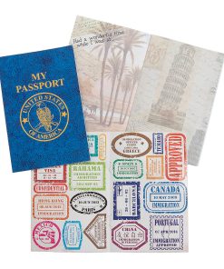 Pretend "My Passport" activity booklet with a blue United States cover, shown with travel-themed interior pages and a sheet of colorful faux passport stamps from countries around the world