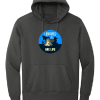 Charcoal gray pullover hoodie with a front pocket and drawstrings, printed with a round "Libraries Are Life" graphic showing a lit tent under a night sky