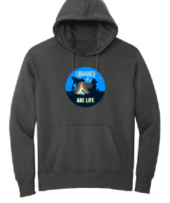Charcoal gray pullover hoodie with a front pocket and drawstrings, printed with a round "Libraries Are Life" graphic showing a lit tent under a night sky