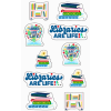 Sheet of colorful “Libraries Are Life!” vinyl stickers featuring illustrated bookshelves, stacked books, library-themed graphics, and decorative typography in multiple shapes and sizes.