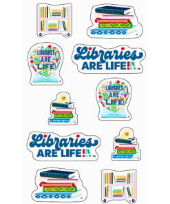 Sheet of colorful “Libraries Are Life!” vinyl stickers featuring illustrated bookshelves, stacked books, library-themed graphics, and decorative typography in multiple shapes and sizes.