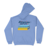 Front view of a light blue hooded sweatshirt with drawstrings and long sleeves, featuring a “Libraries Are Life” graphic with stylized text and a stack of blue and yellow books on the chest.