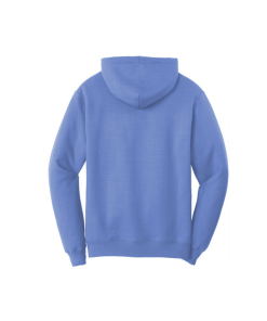 Back view of a light blue hooded sweatshirt with long sleeves, ribbed cuffs and hem, and a hood, shown against a plain background with no visible design.