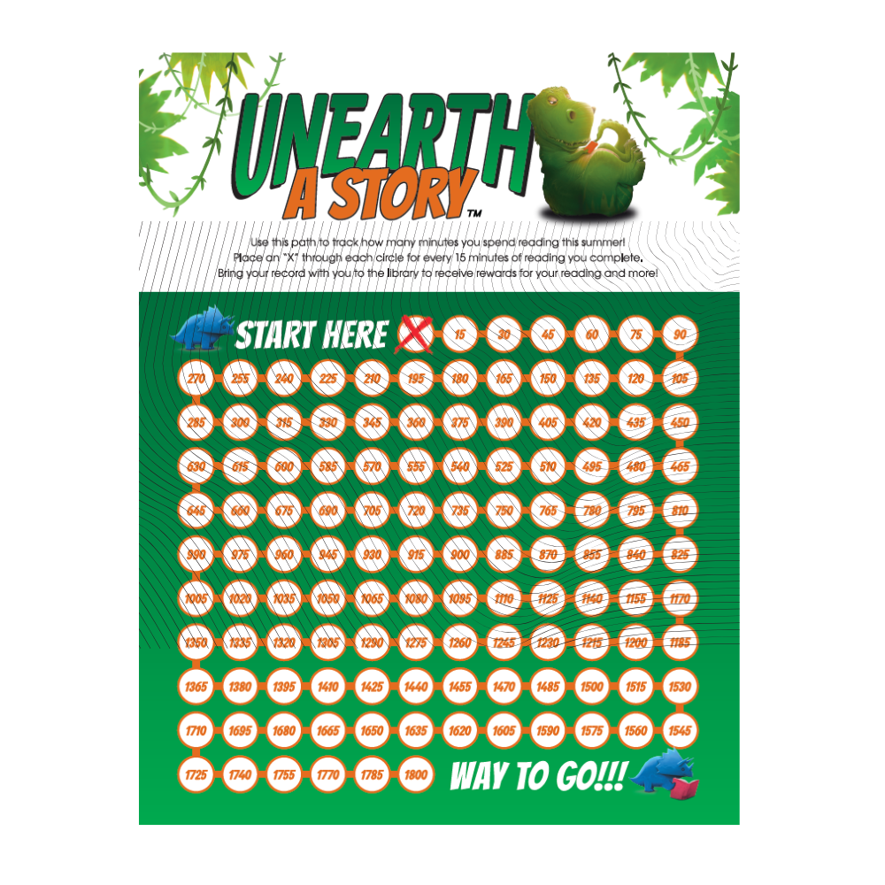 Reading tracker sheet titled “Unearth a Story” with a path of numbered circles to mark every 15 minutes of reading, starting point labeled “Start Here” and ending with “Way to Go!!!” for completed progress.