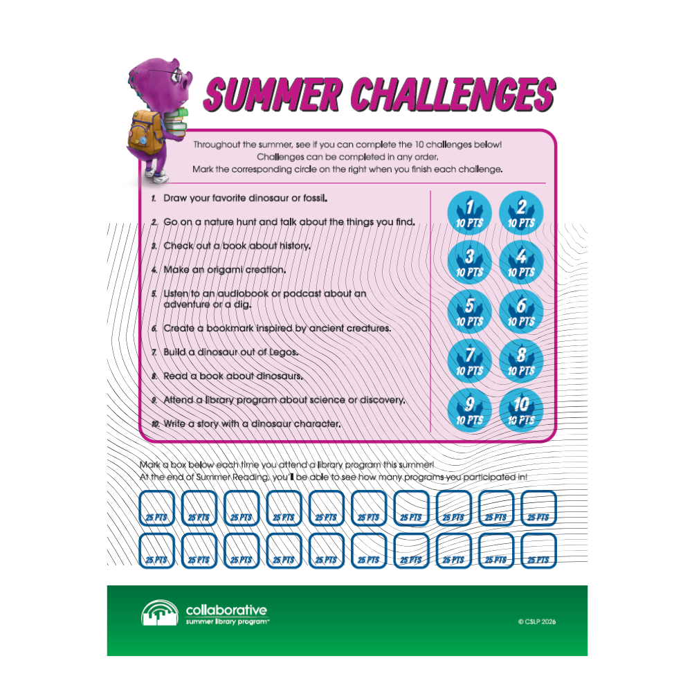 “Summer Challenges” activity sheet with a list of 10 reading and activity tasks, spaces to mark completion with point circles, and additional boxes to track library program attendance with an illustration of a purple dinosaur wearing glasses and holding a stack of books in the top left corner.