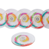 Six clear circular fidget spinners with colorful neon swirl designs in pink, orange, teal, and green, shown against a white background.