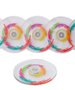 Six clear circular fidget spinners with colorful neon swirl designs in pink, orange, teal, and green, shown against a white background.