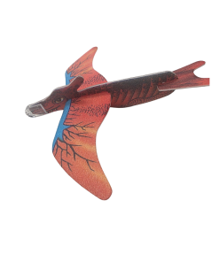 Red and orange foam pterodactyl glider toy with detailed wing vein markings and a translucent nose piece, shown assembled in flight position against a white background.