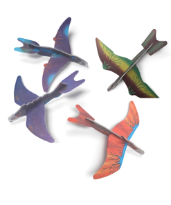 Four foam pterodactyl glider toys in different color variations — blue and purple, dark purple, green and yellow, and red and orange — each with detailed wing vein markings, shown assembled against a white background.