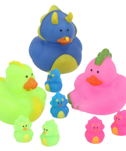 Colorful dinosaur-themed rubber duck toys in various sizes, including green, pink, and blue ducks with small matching mini figures.