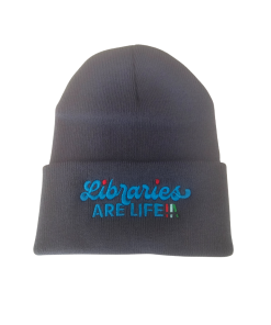 Dark gray knit beanie with embroidered “Libraries Are Life” text in blue and multicolor accents.