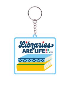 Rectangular keychain with a metal ring featuring the “Libraries Are Life” text and an illustration of a stack of blue and yellow books.