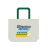 Canvas tote bag with green handles featuring the “Libraries Are Life” text and an illustration of a stack of blue and yellow books.
