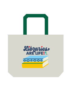 Canvas tote bag with green handles featuring the “Libraries Are Life” text and an illustration of a stack of blue and yellow books.