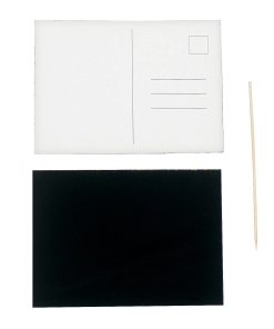 Scratch art postcard kit showing the white mailing side with address lines and stamp box, the black scratch art side, and a wooden stylus tool, against a white background.