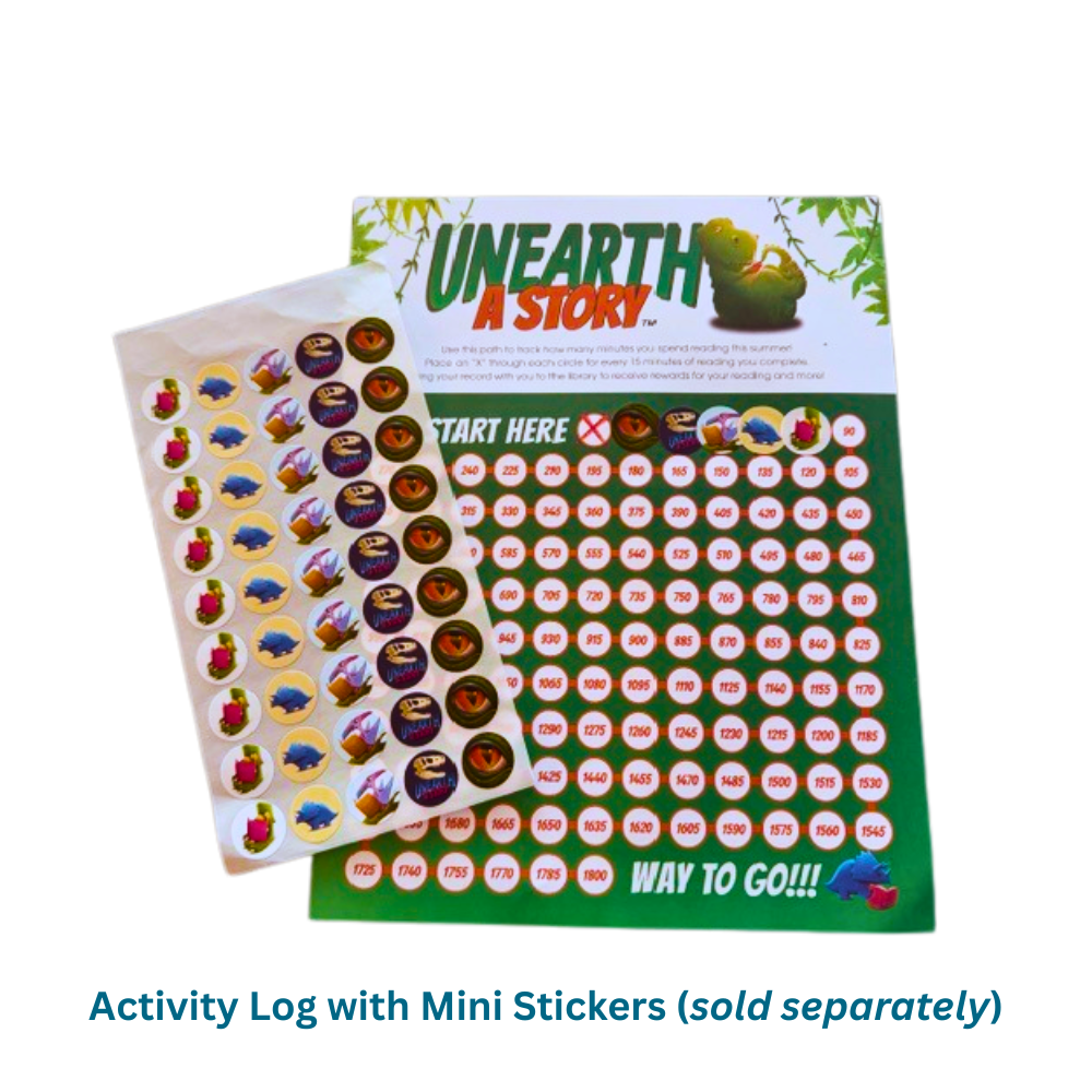 “Unearth a Story” timed reading activity log chart with progress circles and a sheet of mini reward stickers. The sheet is green and white with a dinosaur at the top and the reward stickers are dinosaur-themed.