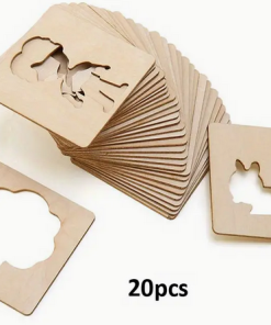 Set of 20 wooden stencil cards with animal-shaped cutouts including a tree, squirrel, and other designs, shown fanned out against a white background.
