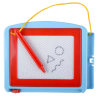 Small blue and red plastic magnetic drawing board toy with a red stylus attached by a yellow cord, showing a simple doodle on the drawing surface, against a white background.