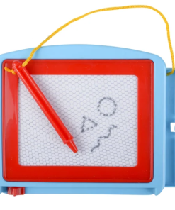 Small blue and red plastic magnetic drawing board toy with a red stylus attached by a yellow cord, showing a simple doodle on the drawing surface, against a white background.