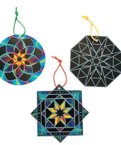 Three scratch art ornaments with hanging cords in different shapes: a circular ornament with a colorful mandala flower design, an octagonal ornament with a geometric star pattern partially scratched, and a square star-shaped ornament with a colorful starburst design, all on black scratch art backgrounds.
