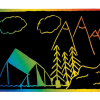 Scratch art postcard showing a colorful outdoor camping scene with a tent, pine trees, mountains, and clouds scratched into a black surface, revealing rainbow-colored lines, with a multicolored border.