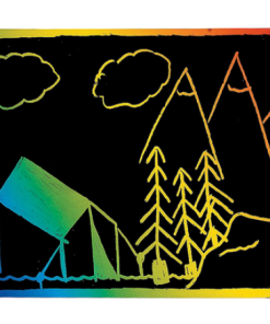 Scratch art postcard showing a colorful outdoor camping scene with a tent, pine trees, mountains, and clouds scratched into a black surface, revealing rainbow-colored lines, with a multicolored border.
