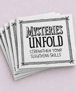 Stack of five black-and-white “Mysteries Unfold” activity booklets arranged in a fan shape on a pale lavender background. The front cover features bold lettering reading “Mysteries Unfold: Strengthen Your Sleuthing Skills,” surrounded by a decorative hand-drawn border with curled corner flourishes.