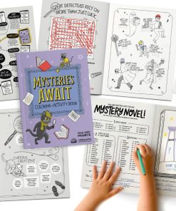 Overhead view of the 2027 “Mysteries Await” Coloring + Activity Book featuring its lavender cover with Inspector Whiskers and Nibbleton Finch, surrounded by sample interior pages. Activities include a detective word search, mystery genre guide, creative challenges, spooky character illustrations, and a “Mystery Novel!” activity where a child uses a pencil to create a book title. A colorful castle drawing and other puzzles showcase the booklet’s mix of coloring, reading, and creative activities.