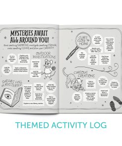 Open two-page spread from the 2027 “Mysteries Await” Coloring + Activity Book featuring a themed activity log titled “Mysteries Await All Around You!” Black-and-white illustrations of Nibbleton Finch, Inspector Whiskers, a magnifying glass, and a mysterious book accompany four activity categories: Outdoor Investigations, Shelves Full of Mysteries, Clues Close to Home, and Curious Creations. Each section offers creative reading, exploration, and problem-solving challenges for young detectives.