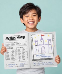 Smiling child holding open the 2027 “Mysteries Await” Coloring + Activity Book against a light blue background. The left page features a “Mystery Novel!” activity where readers create a book title using a word code based on their birthday and name. The right page displays a hand-colored purple castle book cover titled “The Search for the Curious Castle,” with space below to write the story’s opening sentence.