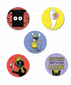 ive circular Mysteries Await at Your Library mini buttons featuring mystery-themed artwork: watchful eyes hidden among books, a friendly ghost carrying books, a masked mouse holding keys, Inspector Whiskers with a magnifying glass, and the official Mysteries Await at Your Library slogan.