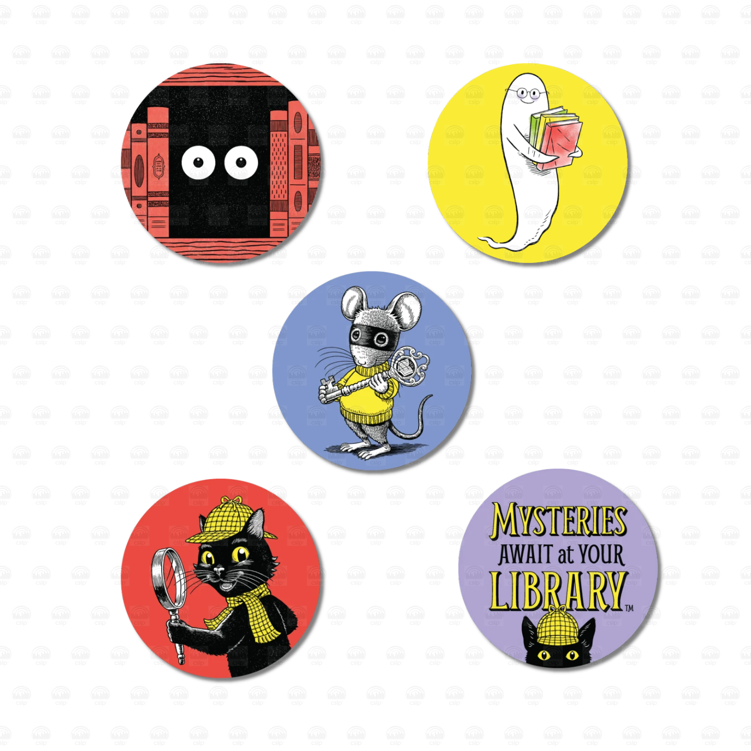 ive circular Mysteries Await at Your Library mini buttons featuring mystery-themed artwork: watchful eyes hidden among books, a friendly ghost carrying books, a masked mouse holding keys, Inspector Whiskers with a magnifying glass, and the official Mysteries Await at Your Library slogan.