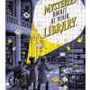 "Mysteries Await at Your Library" puzzle with three kids, one using a wheelchair, shining a flashlight beam up into a dark two-story library filled with bookshelves and floating books and papers