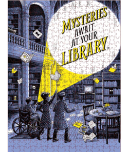 "Mysteries Await at Your Library" puzzle with three kids, one using a wheelchair, shining a flashlight beam up into a dark two-story library filled with bookshelves and floating books and papers