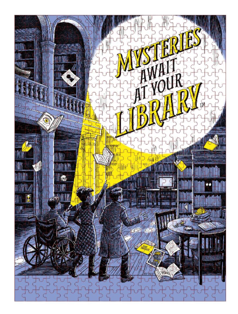 "Mysteries Await at Your Library" puzzle with three kids, one using a wheelchair, shining a flashlight beam up into a dark two-story library filled with bookshelves and floating books and papers